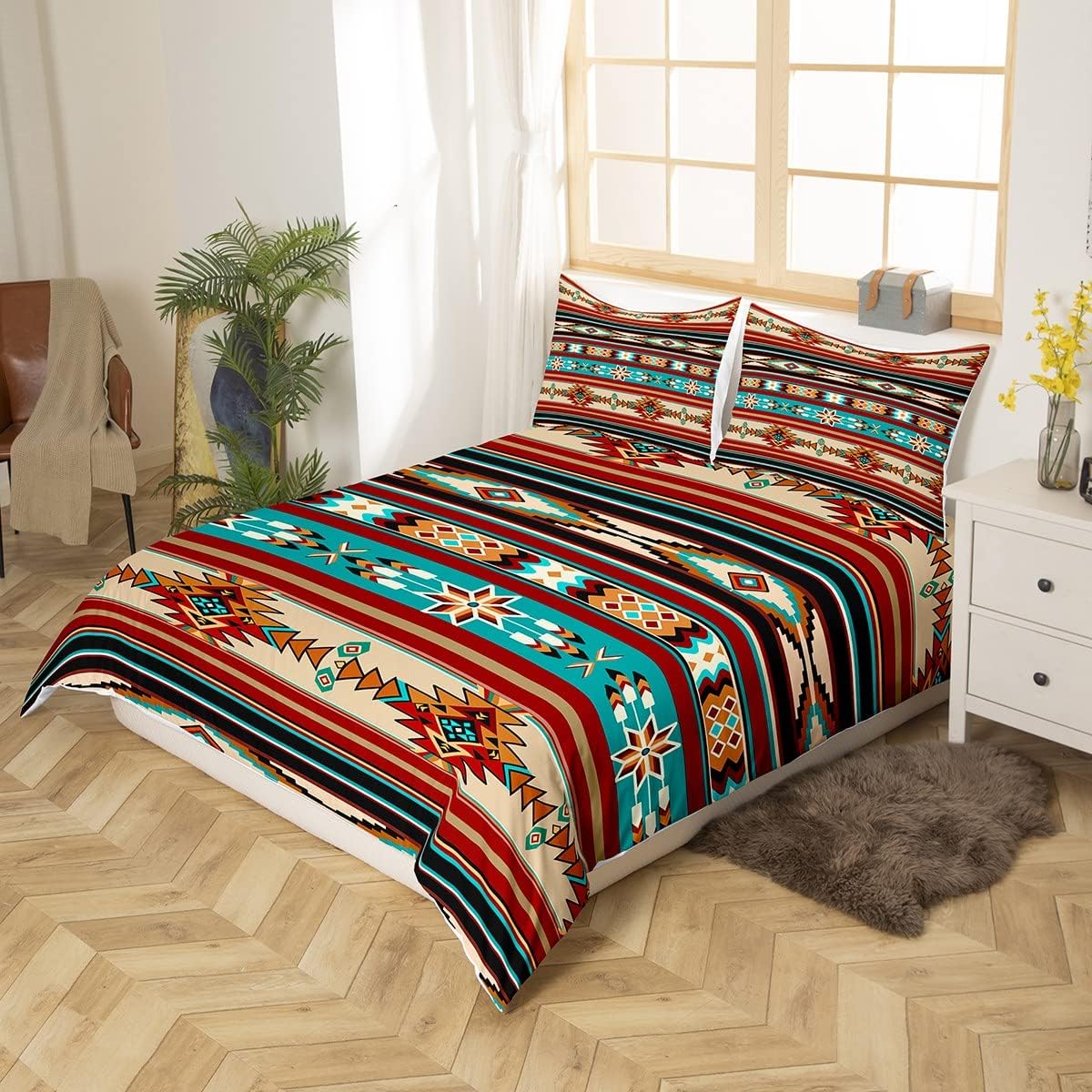 Feelyou Western Bedding Set Boho Aztec Comforter Cover Cowboy Cowgirl Southwestern Duvet Cover Kids Boys Girls Rustic Farmhouse Country Bohemian Tribe Arrow Retro Bed Set Twin Size (No Comforter)