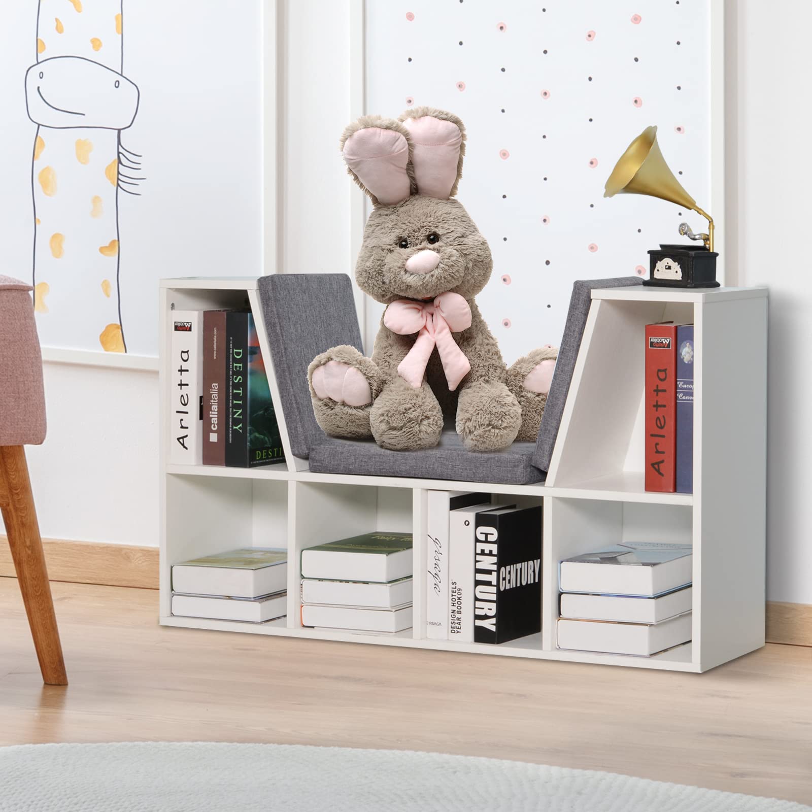 HOMCOM Librería con Asiento, Estantería de Libros con 6 Cubos, Estantería Almacenamiento con Banco con Cojín, Multiusos para Sala de Estar, Oficina, Dormitorio, 102x30x61cm, Blanco y Gris