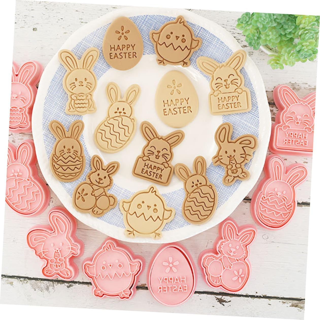 TEHAUX 8PCS Easter Bunny Chick Egg DIY Cookie Stamping Mold Pink Non-stick Embossing Biscuit Baking Molds for Holiday Baking and Decorating
