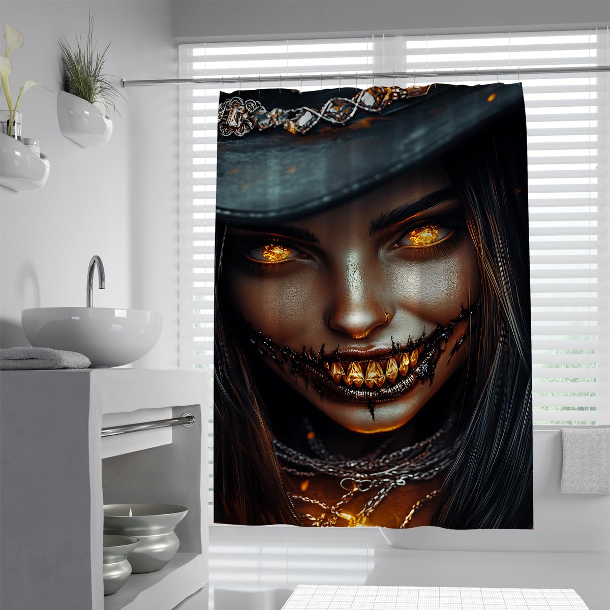 Gothic Witch Duschvorhang Gold Teeth Black Hat Badezimmer Deko 200x200cm