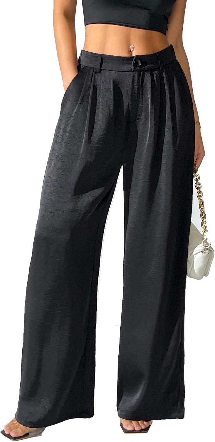 Women's Textured Wide Leg Pants Satin Silky Flowy Dressy Trouser Casual Slacks