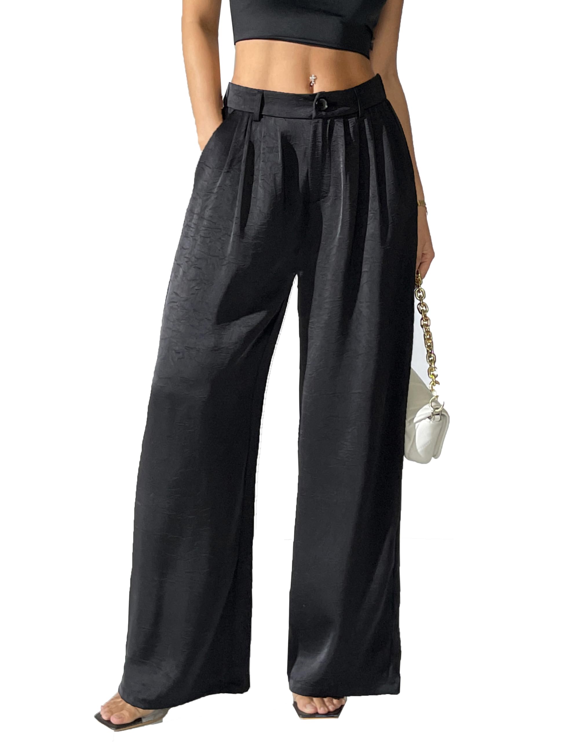 Womens Textured Wide Leg Pants Satin Silky Flowy Dressy Trouser Casual Slacks