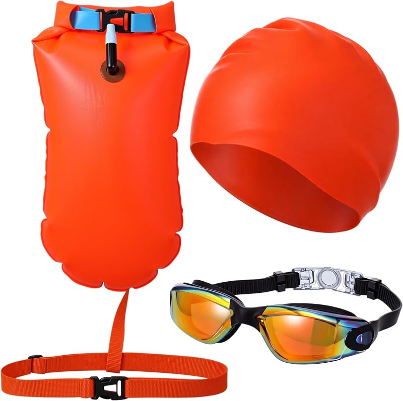 3 Pcs Swim Buoy for Open Water Outdoor Swim Kit with Anti Fog Swimming Goggles and Cap for Beginners Be Bright to Be Seen Safer While Swimming Outdoors