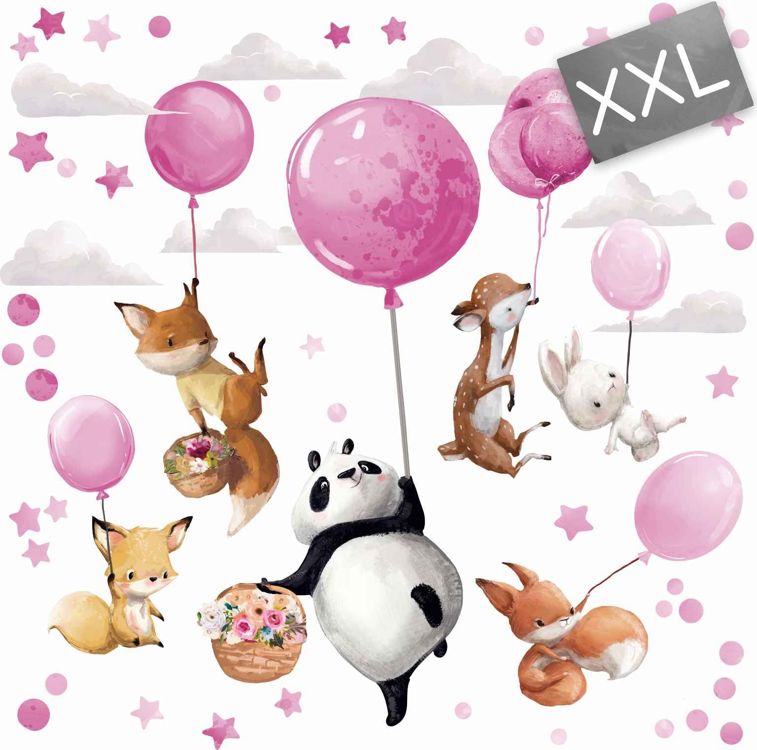 Duże naklejki na ścianę – zwierzęta na różowych balonach – panda, jeleń, lis, zając, dekoracja ścienna, do pokoju dziewczynki, chłopca, urodziny, baby shower, prezent XXL