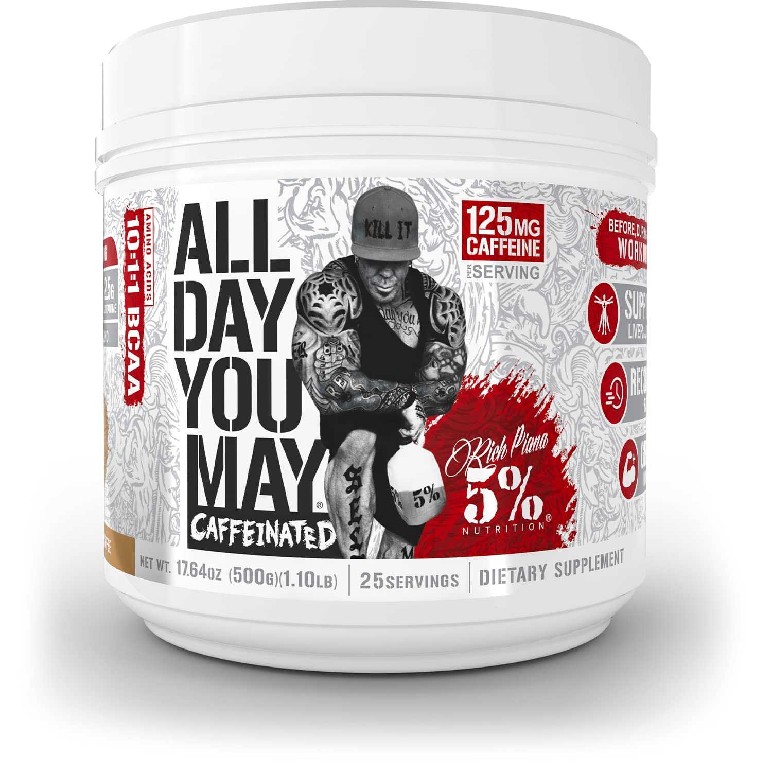 5% Nutrition AllDayYouMay Caffeinated BCAA Drink | Premium Amino Energy & Electrolytes | Hydration, Endurance & Recovery | 17.64 oz, 25 Servings (Vanilla Iced Coffee)