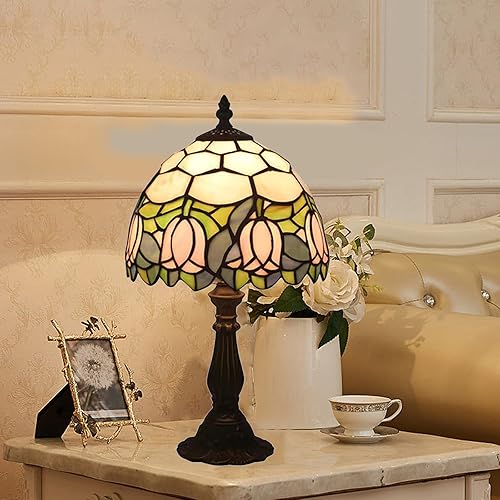 Miniatura 6 de Lámpara de mesa estilo Tiffany, lámpara de cristal de tulipán rosa, lámpara antigua pequeña de 8 pulgadas, para mesita de noche, dormitorio, sala de