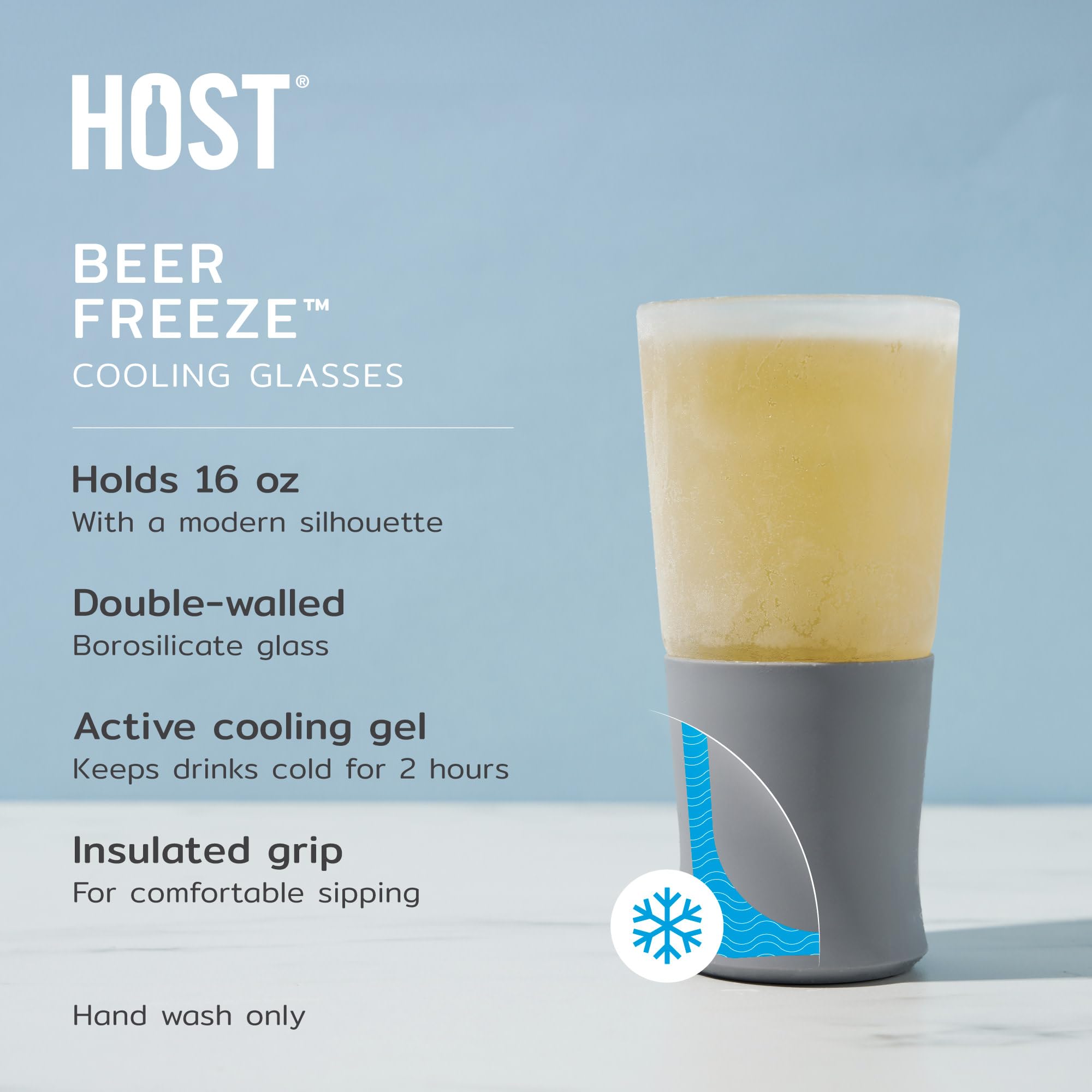 Host Glass FREEZE Double Wall Insulated Beer Glasses, 16oz Set of 2 in Gray