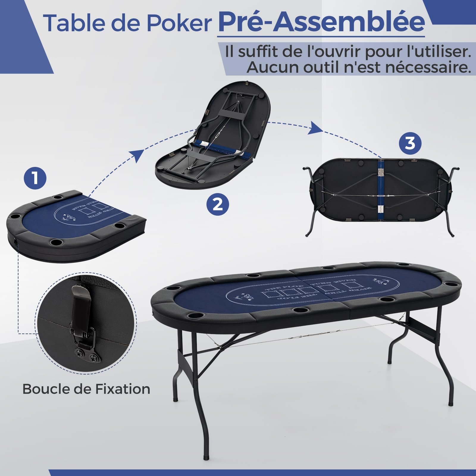 DREAMADE Table de Poker Pliable pour 8 Joueurs, Table de Poker Texas Hold’em Pliante avec Rebord Rembourré, Porte-gobelets en Métal, Surface en Feutre de Qualité Casino (Bleu)