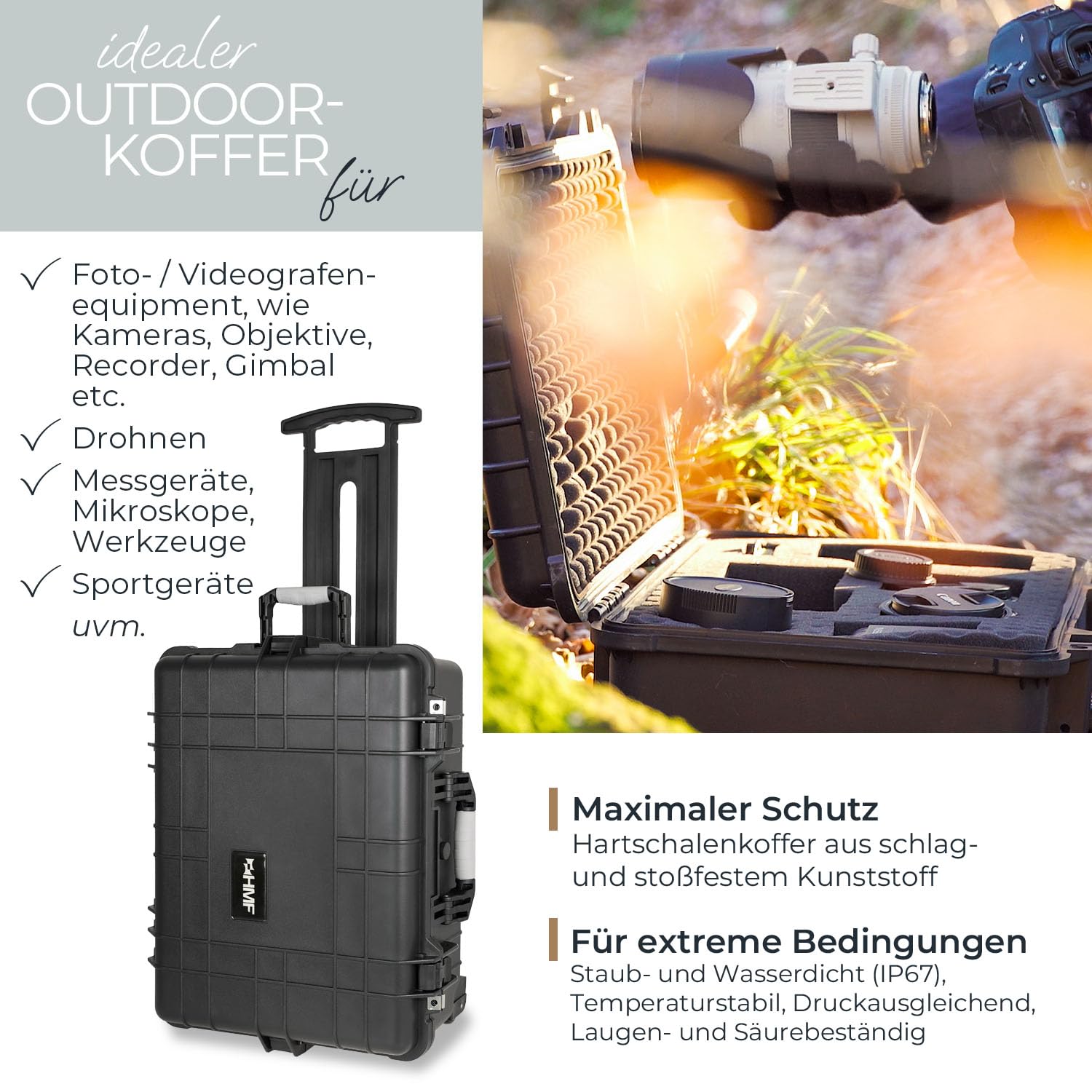 HMF Outdoor-Trolley ODK400 Fotokoffer mit Rasterschaumstoff 58,5 x 45 x 27,5 cm Schwarz