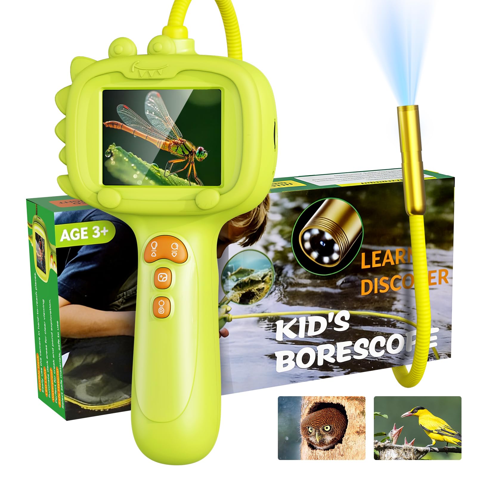 Kids Endoscope Camera with Light 2.4"HD Screen Snake Camera for Kids IP67 Waterproof Borescope Inspection Camera with 8 Adjustable LED Photo/Video Outdoor STEM Toys for kids Camping&Nature Exploration