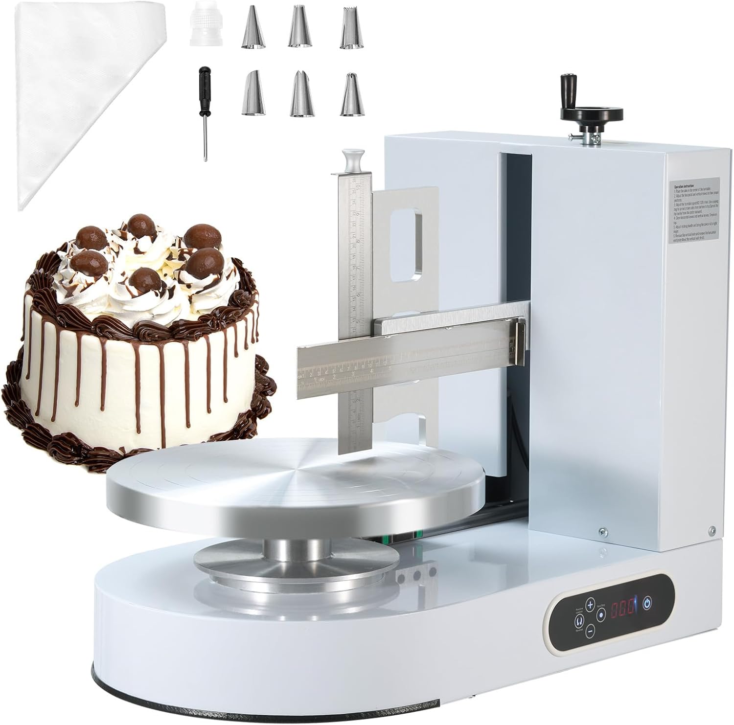 Happybuy Cake Decorating Machine,White,Cake Cream Spreading Coating Smearing Machine, Low Noise Cake Frosting Machine, Turntable with Adjustable Scraper, for 6" to 14" Cake, 25-320RPM Rotating Speed