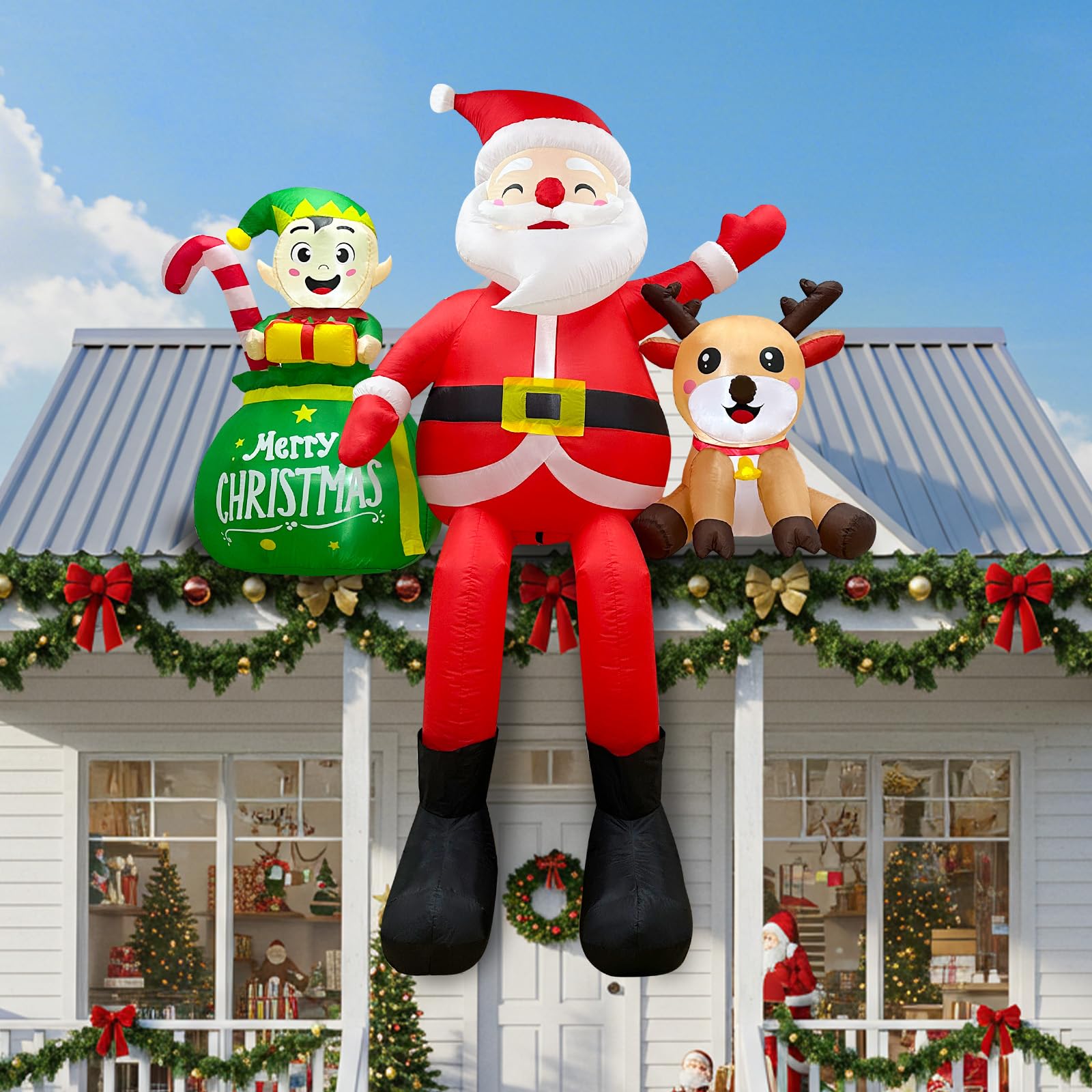 Père Noël gonflable de Noël avec sacs cadeaux, décorations d'extérieur, Père Noël géant gonflable assis sur le toit pour décoration de fête de Noël, cour, jardin, vacances