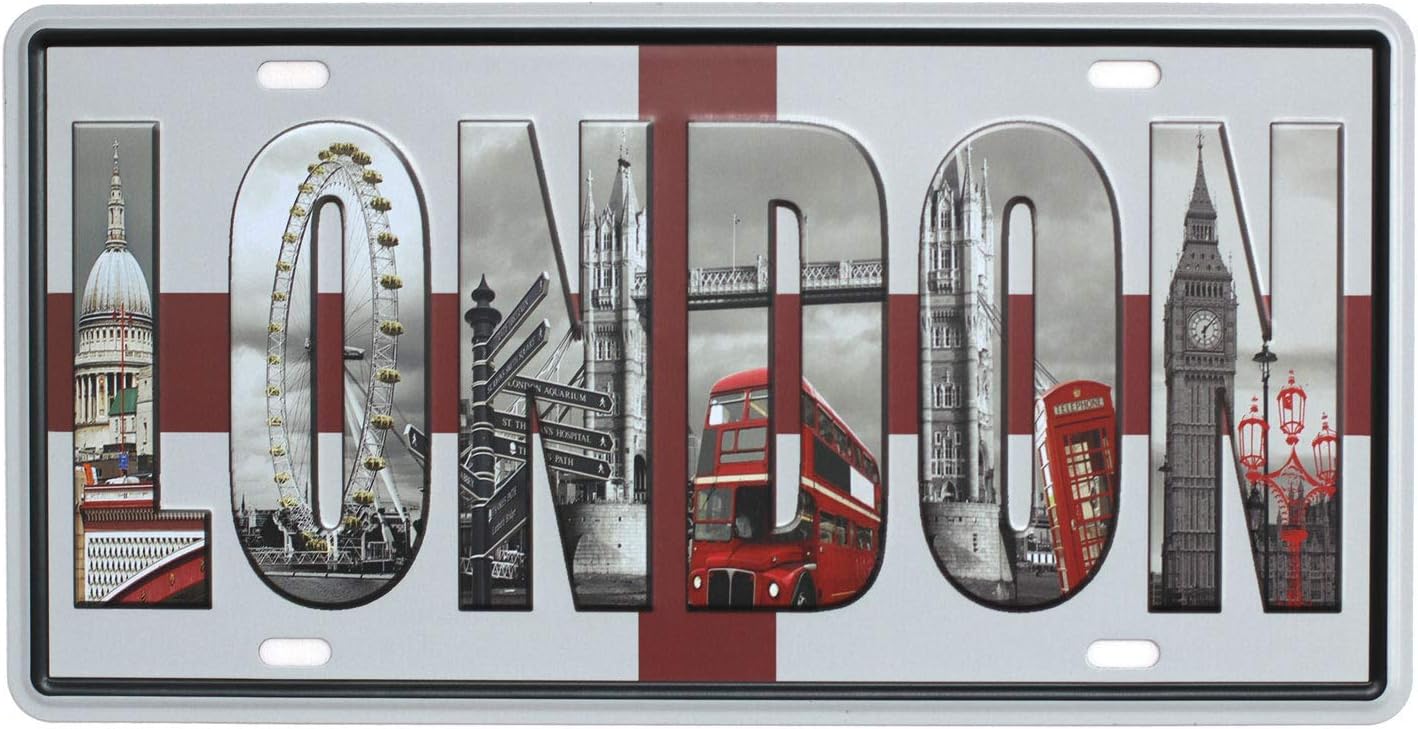 SUMIK Placa de matrícula de metal vintage de Londres, etiqueta en relieve, tamaño de 6 x 12 pulgadas