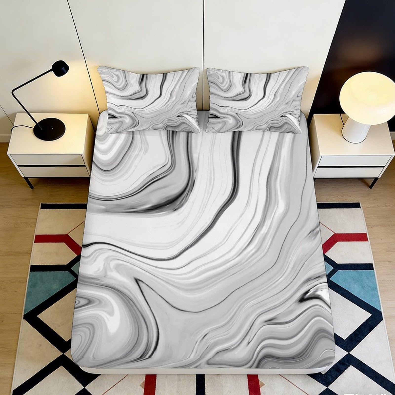 3D Printed Marble Pattern Fitted Sheet Microfiber Soft Breathable Abstract Swirl Bed Cover for Bedroom Dormitory Guest Room Mattress Protection Decor 180x200x25cm