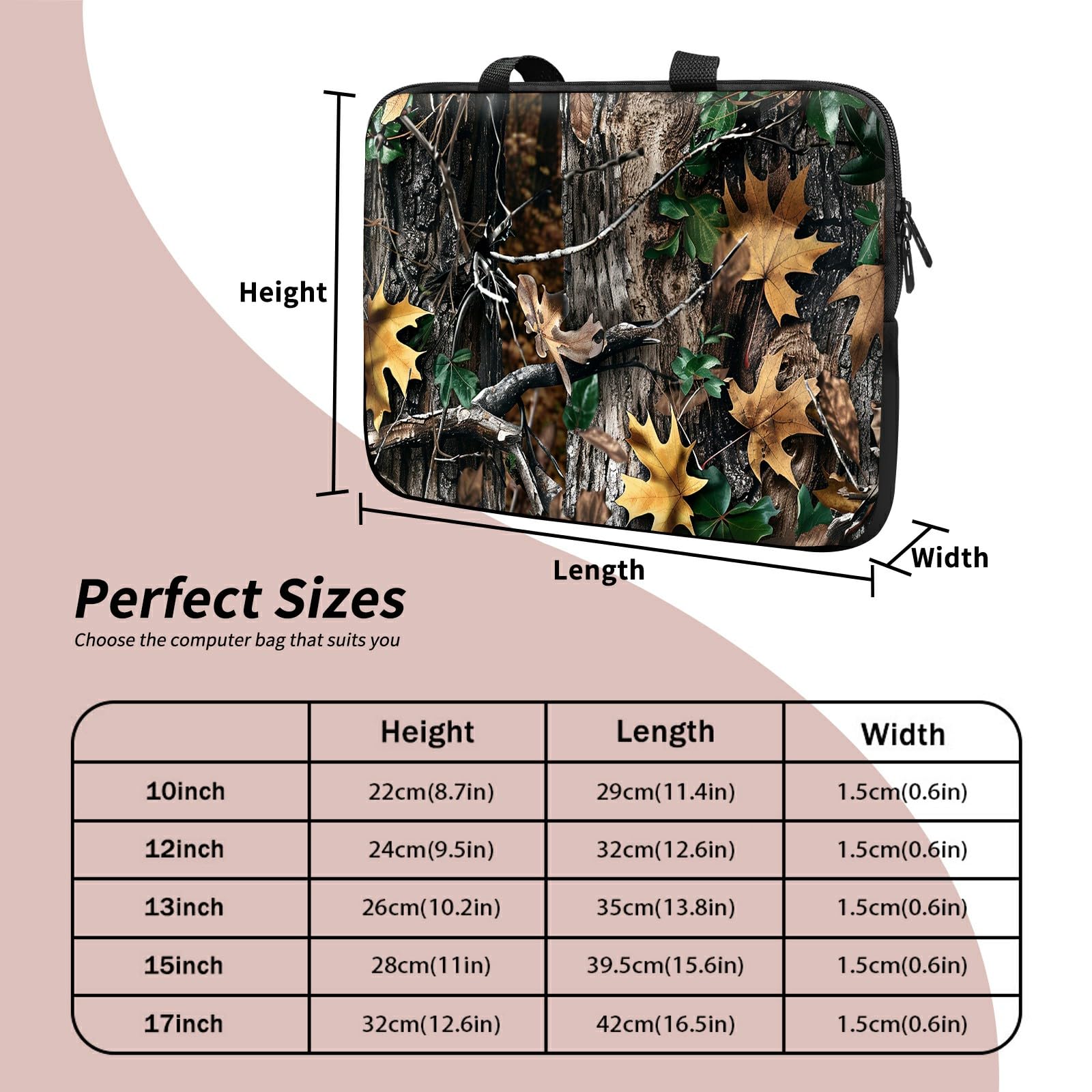 Laptop Sleeve Case Bag 13 inch, Camo Leaf Slim Carrying Case Durable Handbag Travel Laptop Bag for 13 inch MacBook Air M3/M2/Pro M2/ 13