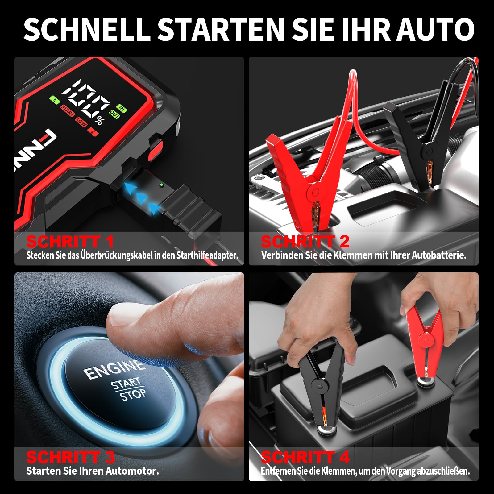 FNNEMGE Auto Starthilfe Powerbank, 6000A 22800mAh Spitzenstrom, geeignet für 12V Auto-Batterien (Alle Benzin und Bis Zu 8,0L Diesel), mit USB-Ladeausgang, LED-Licht und HD-Großbildschirm