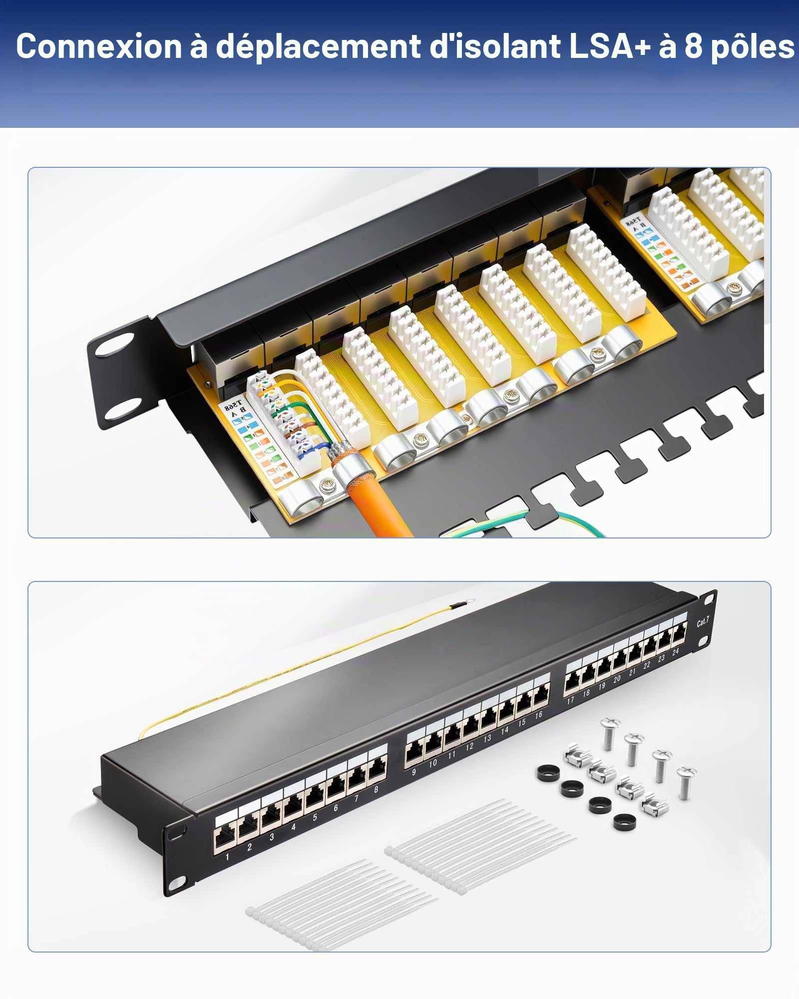 RUIZHI Panneau de brassage CAT 7 - 24 ports - Modulaire - Pour modules Keystone - 19" - RJ45 - Modulaire pour modules Keystone - Câble de pose réseau LAN blindé - Montage en rack