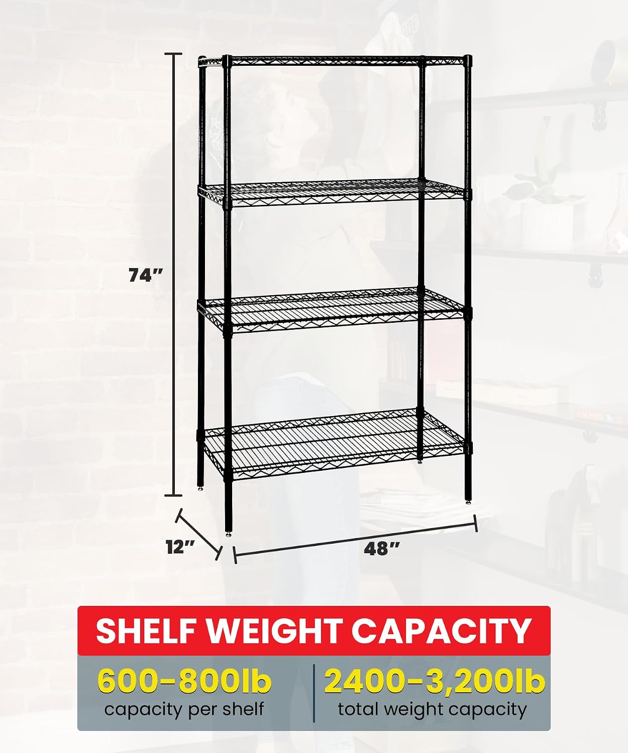 Quantum Storage Systems WR74-1248BK Starter Kit for 74" Height 4-Tier Wire Shelving Unit, Black Finish, 12" Width x 48" Length x 74" Height image 3