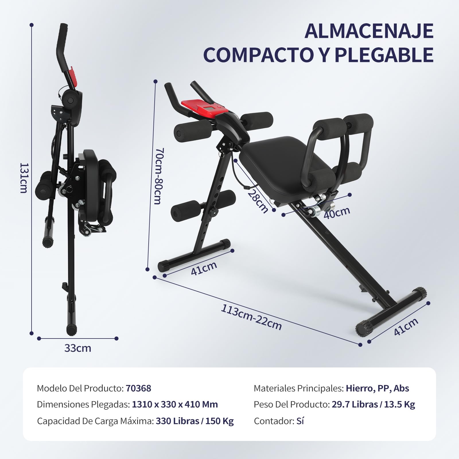 Entrenador Abdominal Multifuncional Plegable con Pantalla LCD, Cojín Acolchado Extra Grueso, Empuñaduras Antideslizantes de Espuma, para Ejercicios de Abdominales y Bíceps en Casa