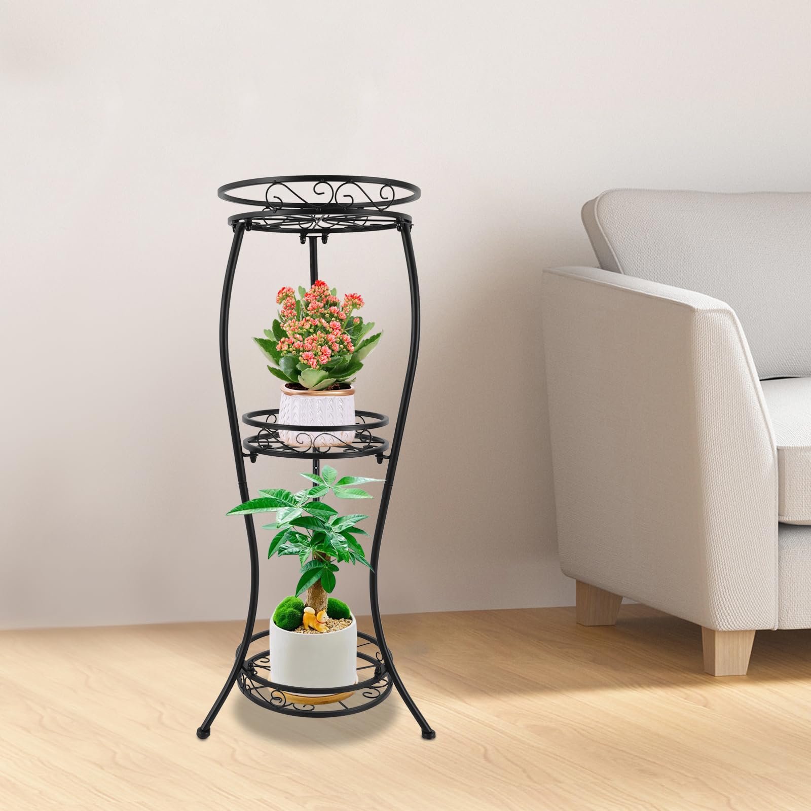 Supporto per piante in metallo con 3 livelli, 84 cm, per interni ed esterni, per terrazza, giardino, balcone, colore nero