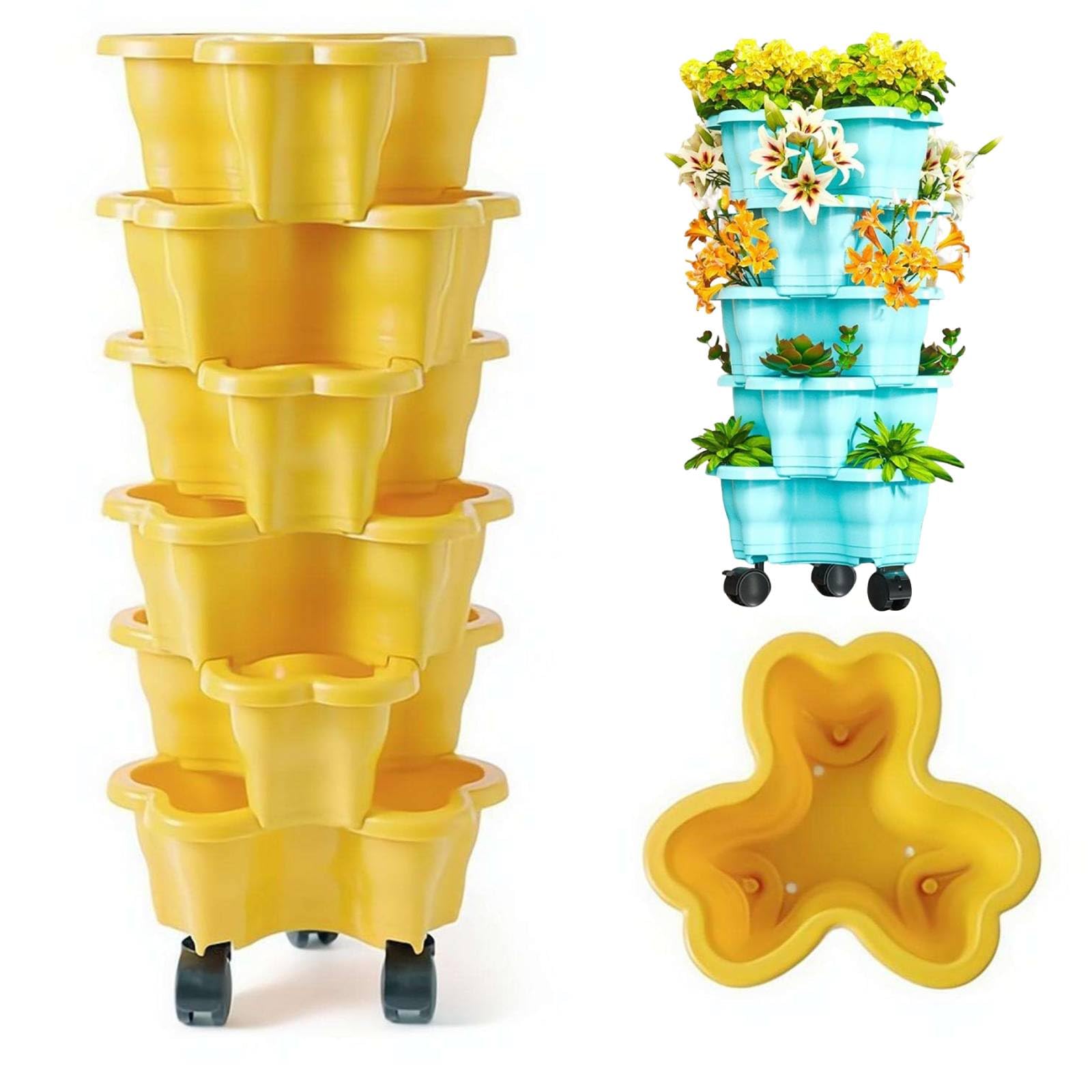 6 Tier Strawberry Tower,9.8x23.6'' Vertical Stackable Garden Planters with Wheels, Rolling Strawberry Planter Pots for Indoor Outdoor Patio Balcony, 2026 New Herb Flower Vegetable Grow Tower (Yellow)