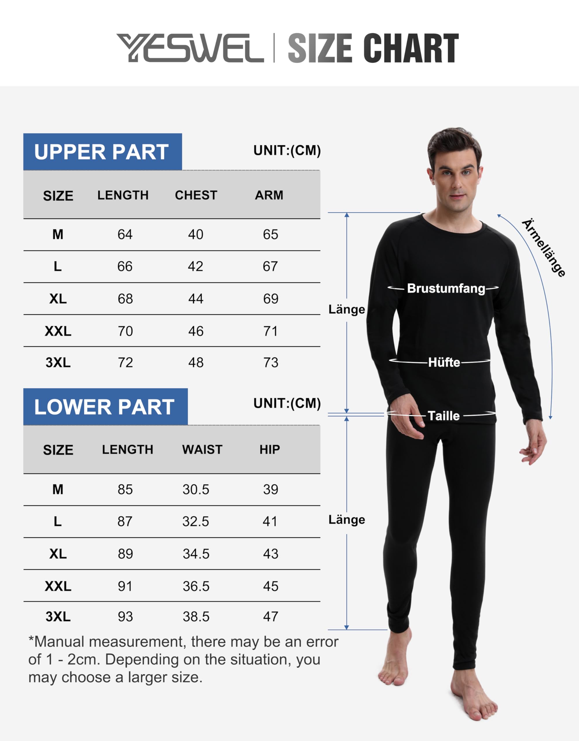 YESWEL sous Vetement Thermique Homme, Ensemble sous-Vêtements Hiver en Polaire Intérieure, sous-Vêtement Chaud Noir pour Ski Cyclisme Randonnée (M-2XL)