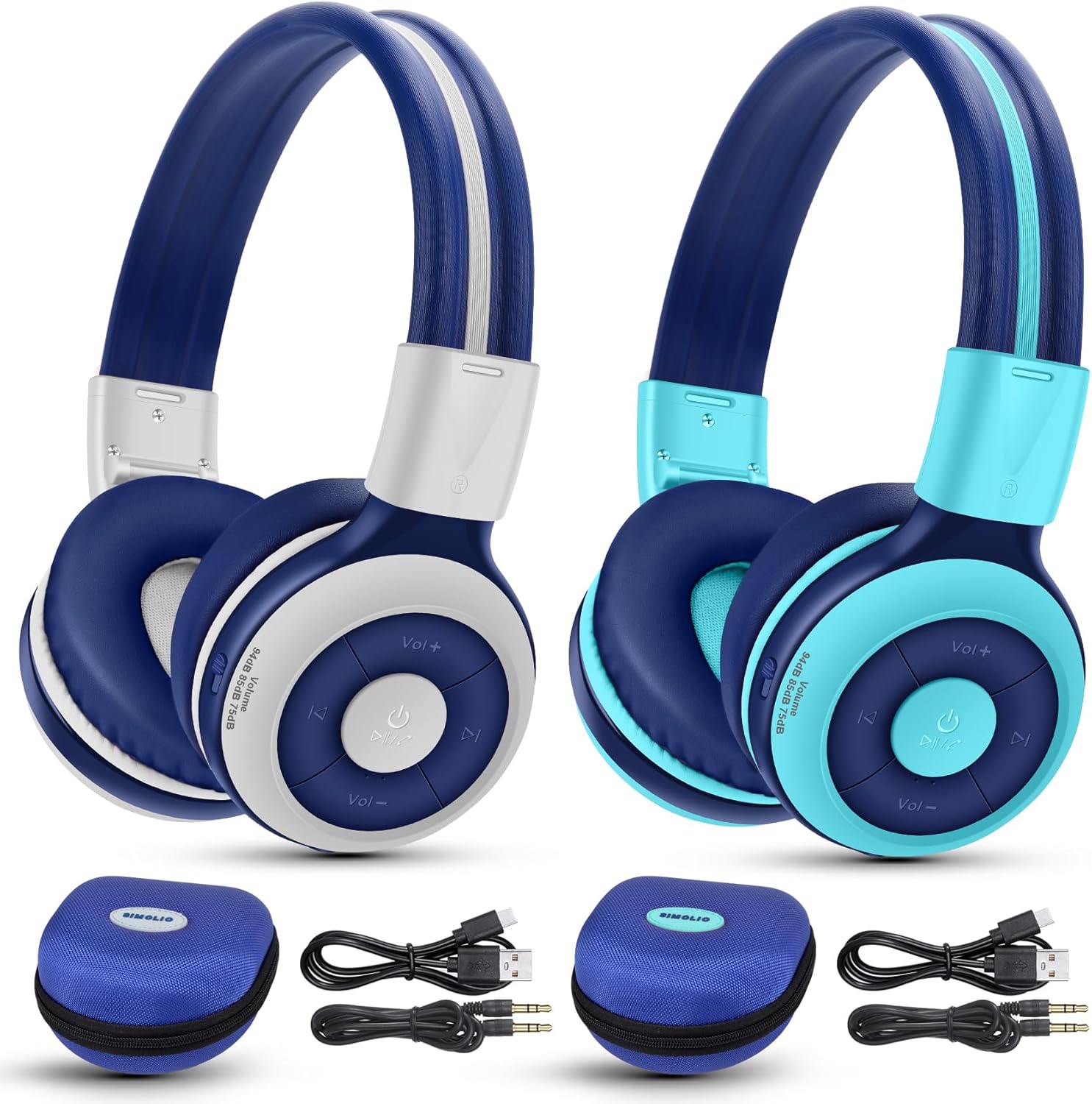 Two SIMOLIO JH-712 Bluetooth Kids Headphones in mint and grey colors, along with their carrying cases, charging cables, and AUX cables.