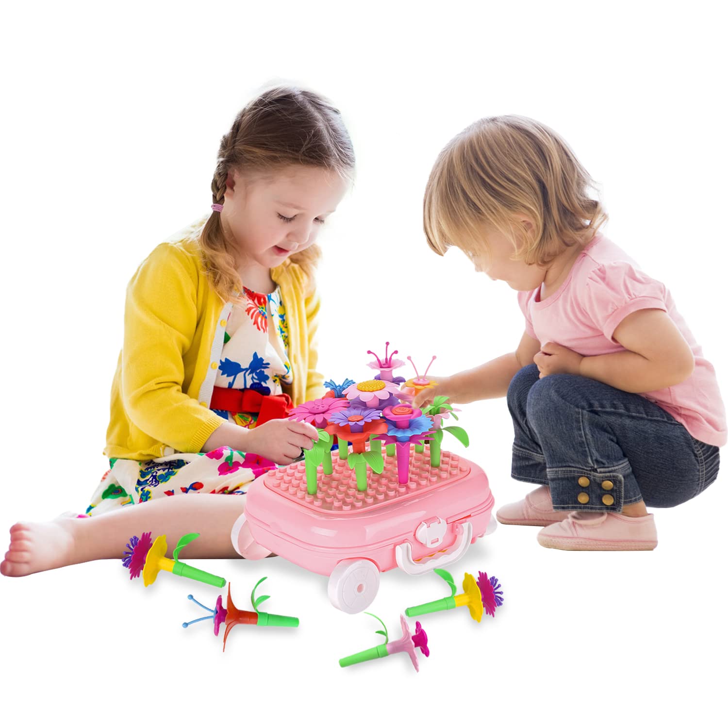 Photo 1 of ASSENIO Flower Garden Building Toys, Kids Outdoor Flower Game, Flower Toys for 3 4 5 6 Year Old Girls, Kids Plant Growing Kit with Trolley Case, Birthday for 5+ Year Old (Pink)