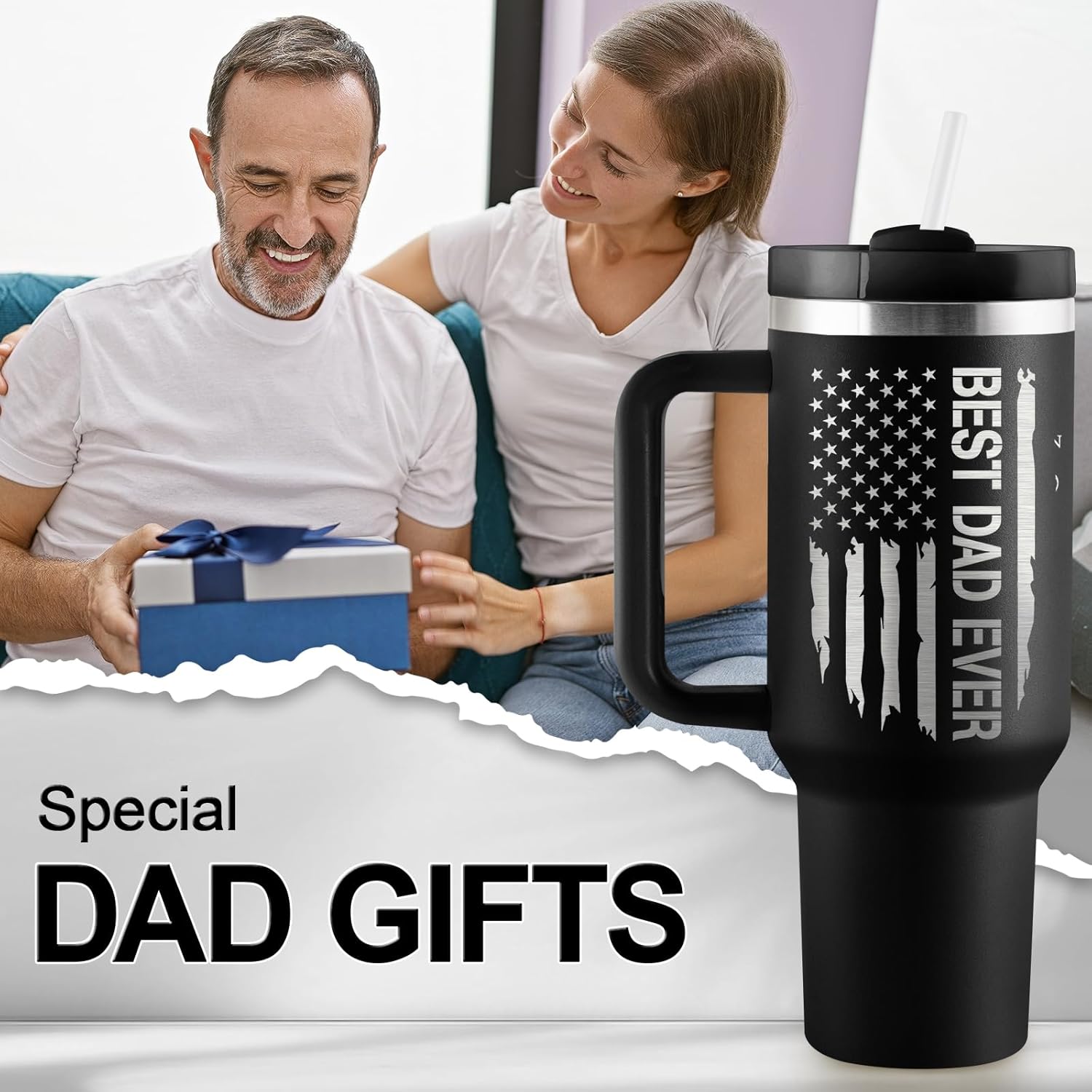 Dad Gifts Birthday Gifts for Dad Best Dad Ever Gift from Daughter Son Kids Wife 40oz Travel Cup Insulated Tumbler with Handle & Straw - Image 2