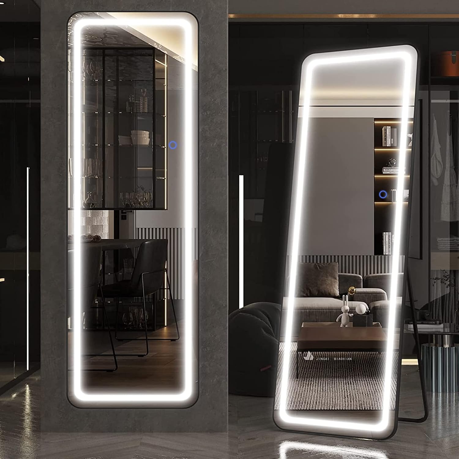 Wetech 63"x20" Full Length LED Mirror, Wall Mounted and Floor Mirror, Free Standing or Leaning Against Wall Mirror, Large Mirror for Bedroom, Full Body Mirror with Dimming & 3 Color Modes (Black)
