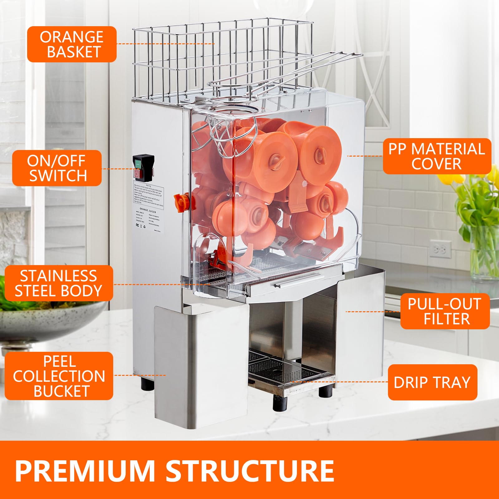 Commercial Juicer Machine, 110V 120W Orange Squeezer for 22-30 per Minute, Electric Orange Juice Machine with Pull-Out Filter Box SUS 304 Tank PP Cover and 2 Collecting Buckets