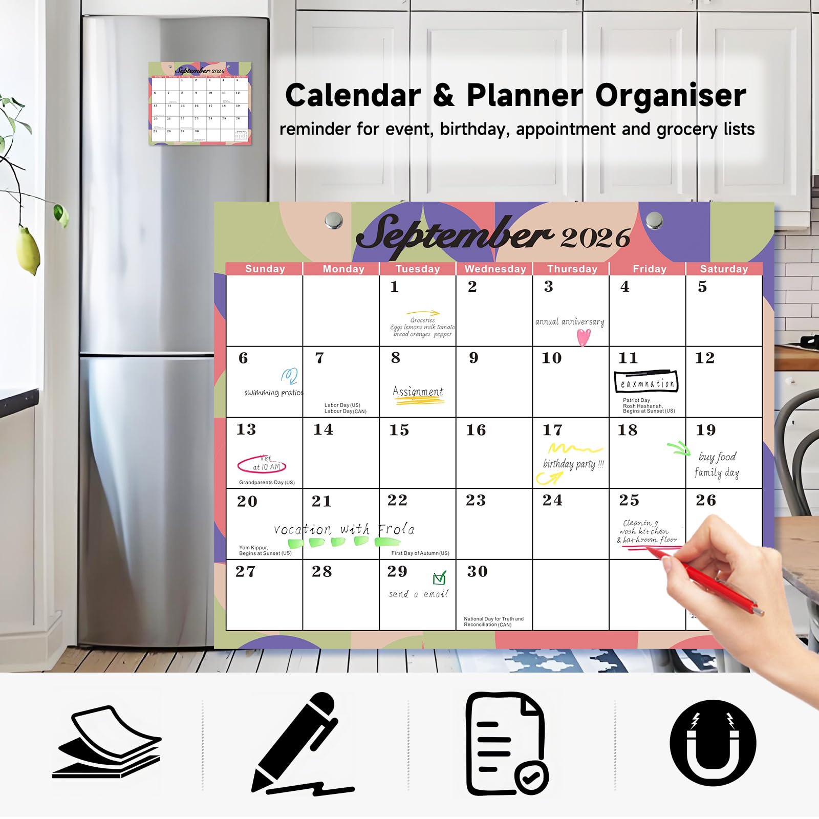 Magnetische kalender 2026-2027 voor koelkast, afsprakenplanner