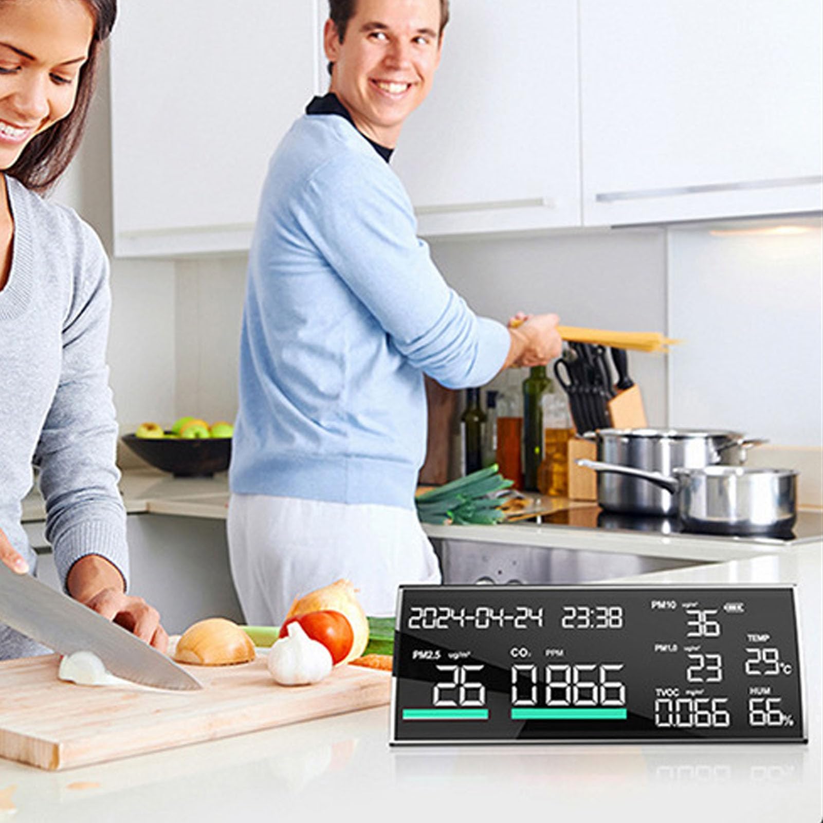 Fockety Monitor de calidad del aire, 9 en 1, de escritorio, con medidor de calidad del aire, PM2.5, PM1.0, PM10, temperatura, humedad, CO2, TVOC, hora y fecha, para casa y hotel