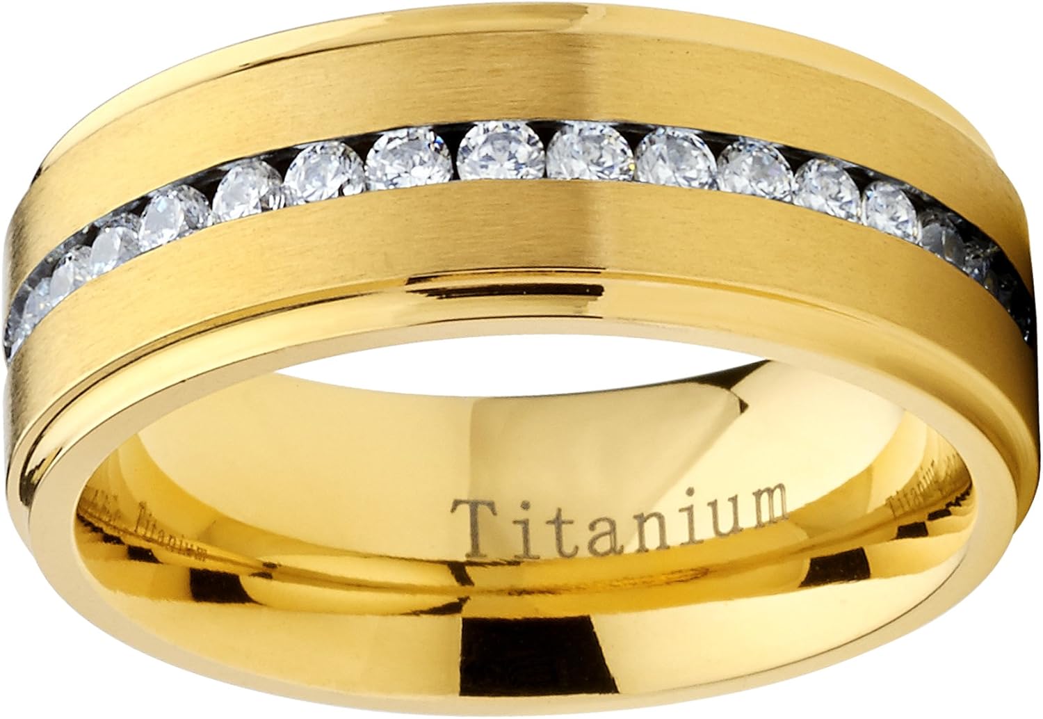 Metal Masters GoldTone Titanium Men's Eternity Wedding Band Ring with Cubic Zirconia CZ, Comfort Fit 8mm - Image 3