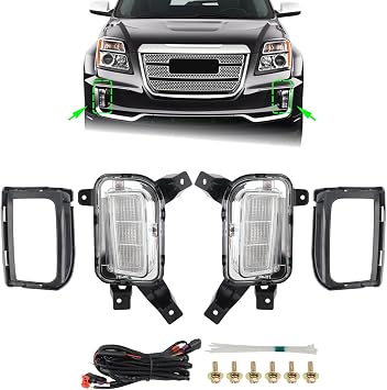 Pair Front Bumper Fog Light Kit For 2016 2017 GMC Terrain Denali/SL/SLE/SLT LED Fog Lamp Assembly W/Wire Harness Bulb Cover Bezels Daytime Running Light DRL Amber Turn Signal GM2562112