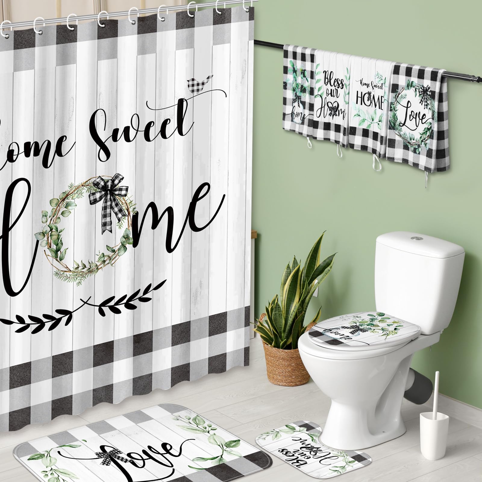 FuWeave Duschvorhang-Sets mit grünem Eukalyptus, für Badezimmer, Dekoration, Zuhause, rustikales kariertes Badezimmer-Zubehör, schwarz-weiß, Duschvorhang-Sets mit Handtüchern, Teppich, Badematte,
