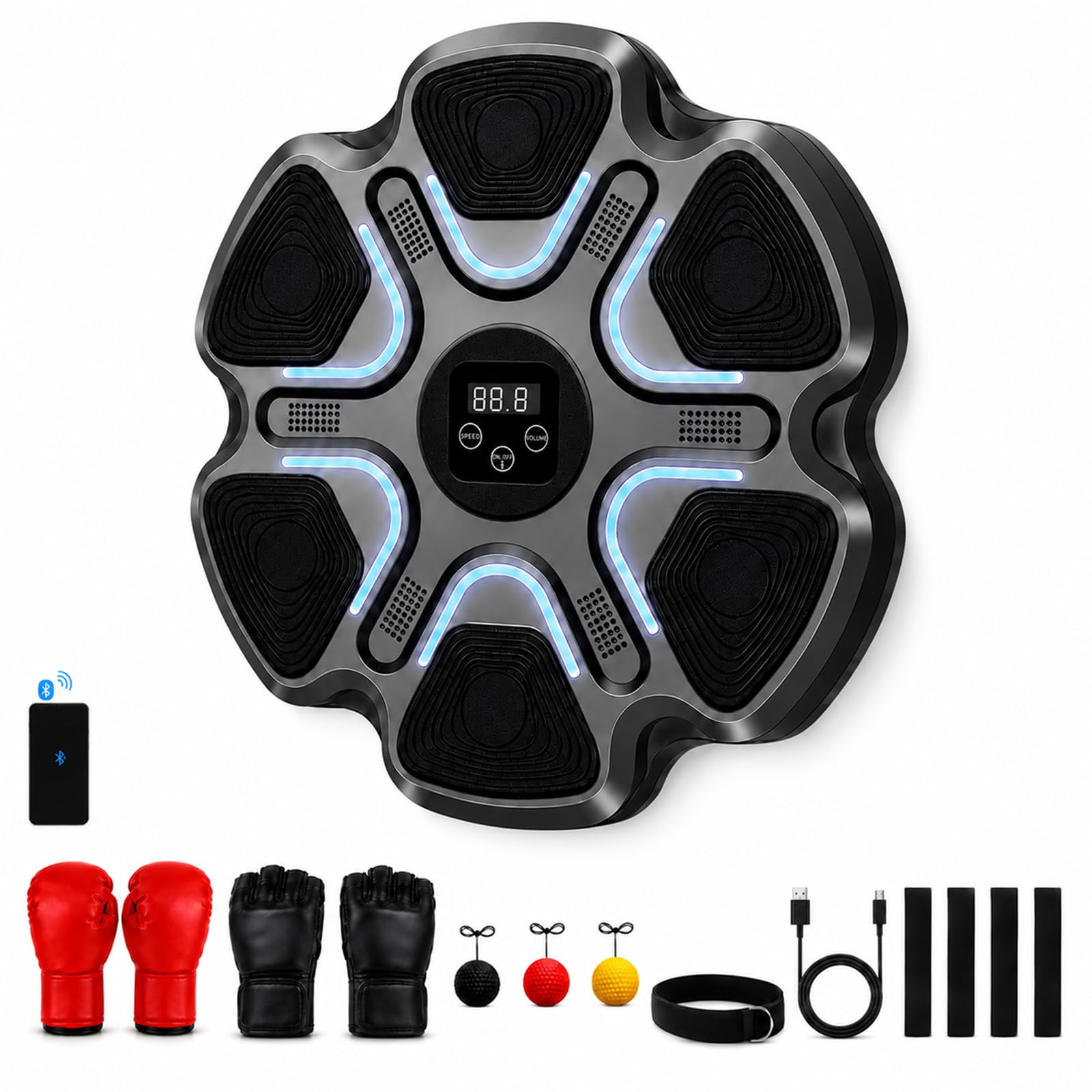 Machine da boxe con musica, Bluetooth, 9 modalità di allenamento, 2 paia di | Strumento di allenamento per alleviare lo stress con contatore di colpi, per adulti, fitness a casa