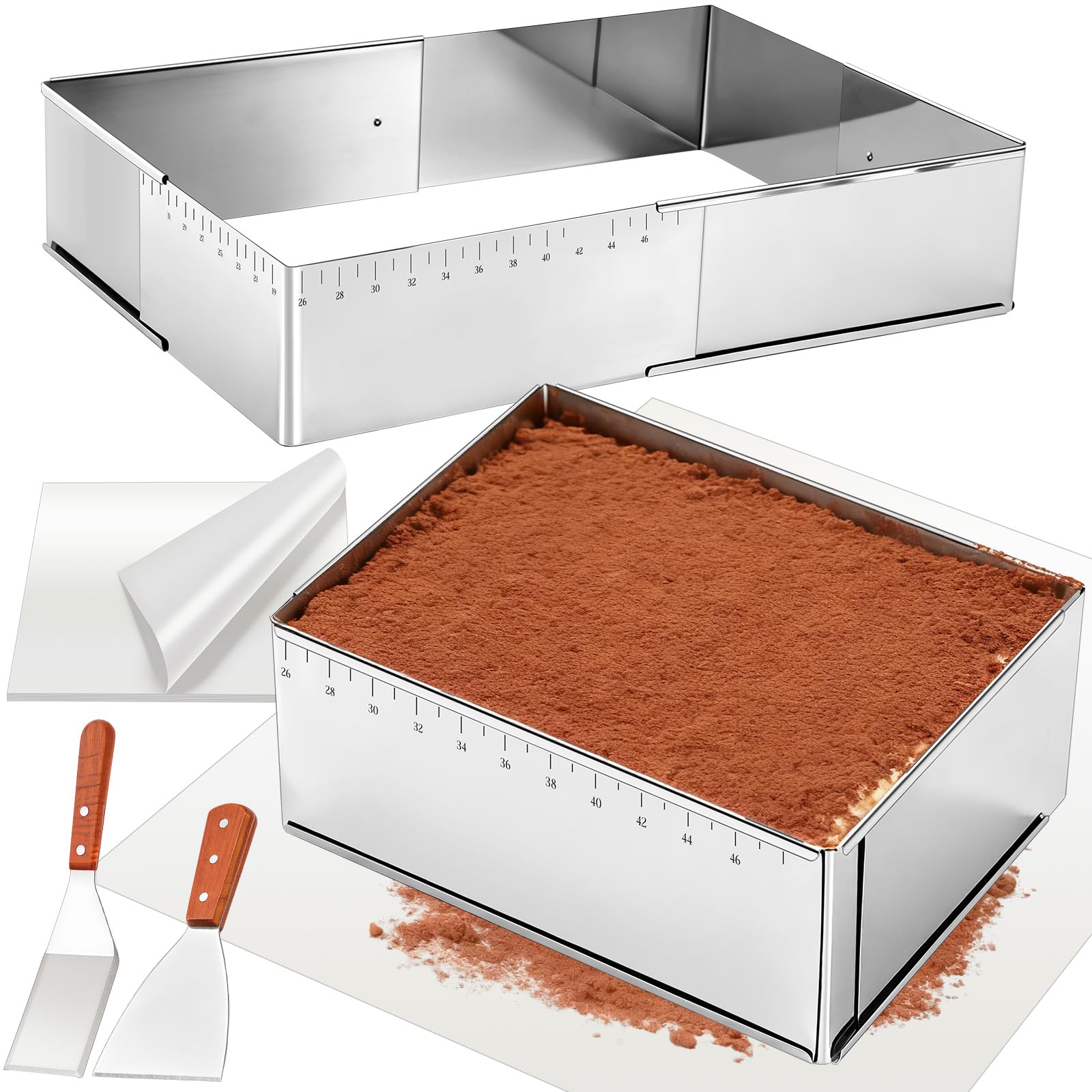 Blushtier Juego de 13 moldes de tiramisú extensibles rectangulares para tartas, moldes ajustables de acero inoxidable para mousse de 45,7 x 33,0 x 10,2 cm con raspador de pergamino para hornear