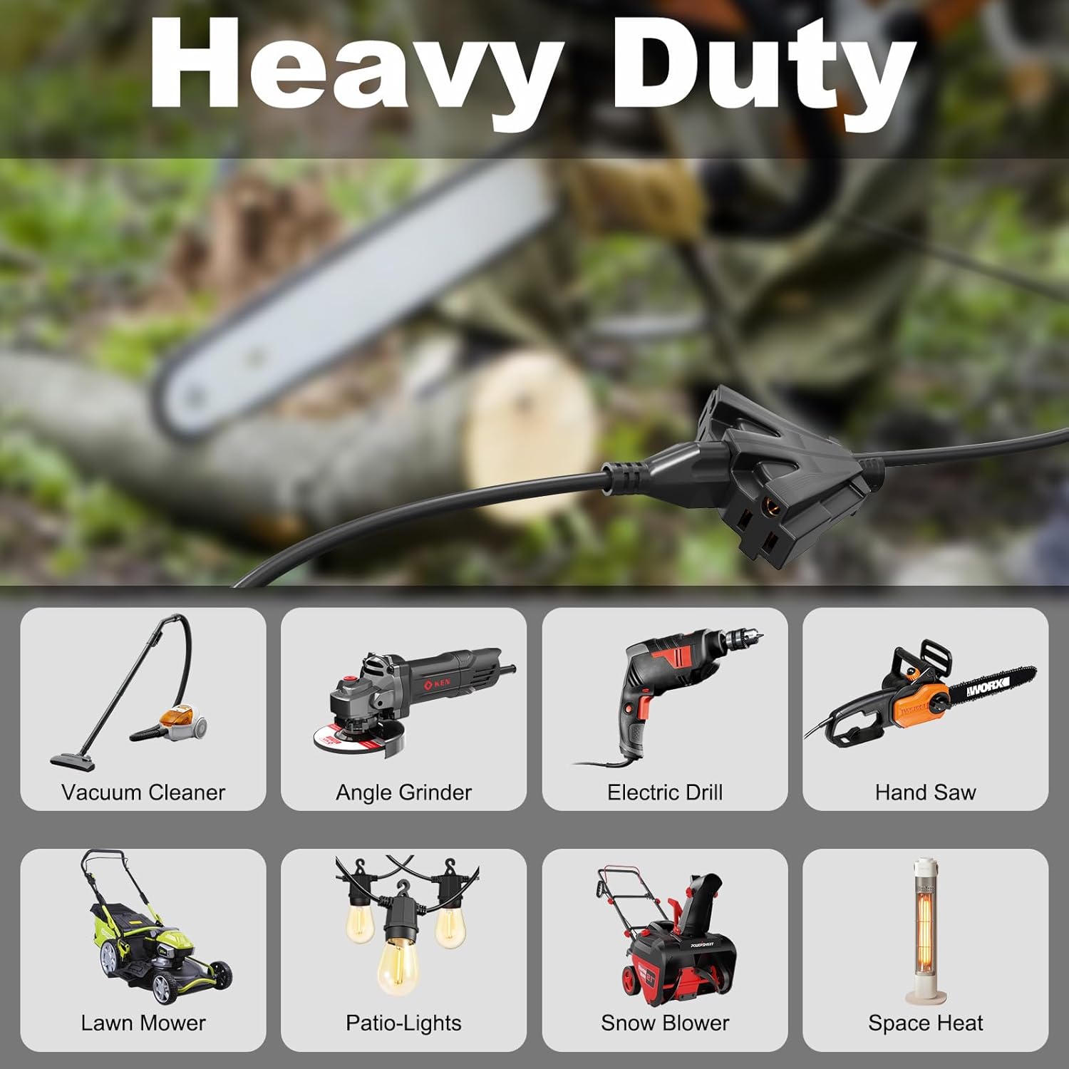 Guliu 25 FT 12/3 Outdoor Extension Cord with 3 Power Outlets, SJTW 12 AWG 15Amp 1875W, 12 Gauge Heavy Duty Black Extension Cable with 3 Prong Grounded Plug for Safety Indoor/Outdoor UL Listed