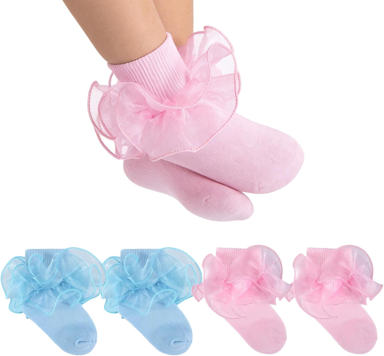 Baby Girls Ruffle Socks 2-Layer Lace Frilly Turn Cuff Fancy Dress Socks for Preemie Newborn Infant Toddler Girl Kids