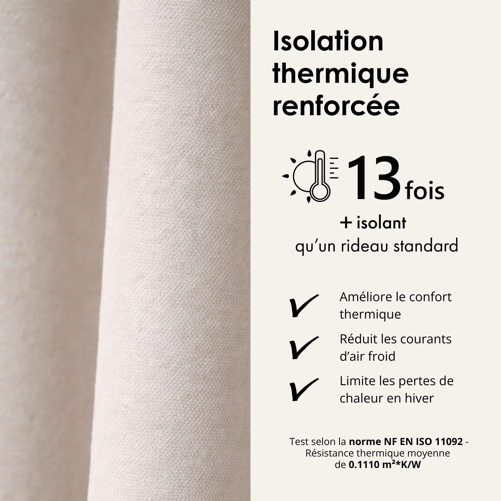 QABANE - Rideau Thermique Phonique et Semi Occultant KONFOR - Flanelle Polyester - Uni - Double Face - Isolation Thermique et Phonique - Réduction Bruit 5dB - Prêt à Poser - 140 x 260 cm - Blanc Cassé