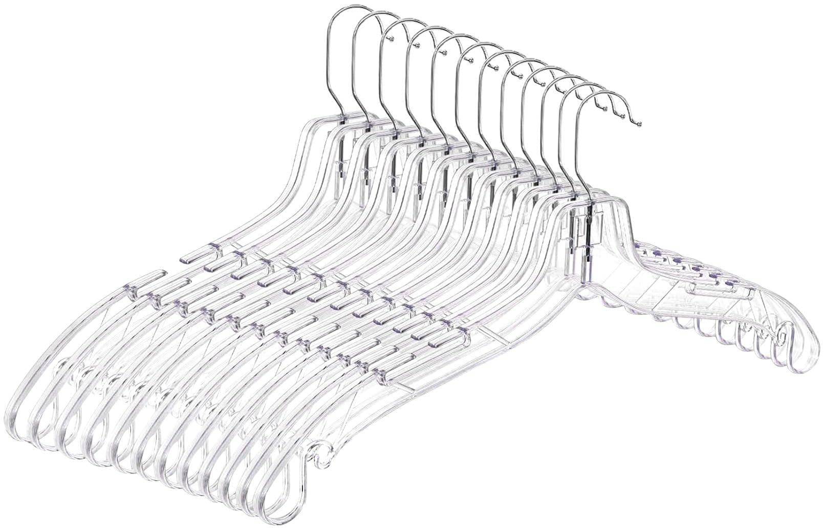 Lot de 12 cintres en plastique transparent de 42 cm, cintres en acrylique transparent avec crochet en métal pivotant à 360° et encoches, économise de l'espace, très résistants, pour vêtements