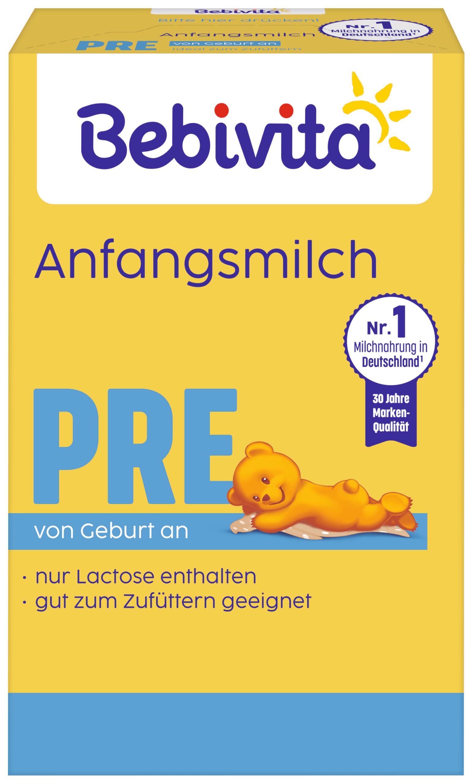 Bebivita PRE Anfangsmilch (5 x 500g), von Geburt an, enthält nur Lactose als Kohlenhydrat, gut zum Zufüttern