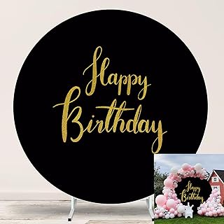 Jditngp 6.5ftx6.5ft Gold Happy Birthday Sign Round Backdrop Cover,Black Round Backdrop Cover Happy Birthday Party Decoration Black Circle Background Stand Cover with 4Clips for Birthday Baby Shower