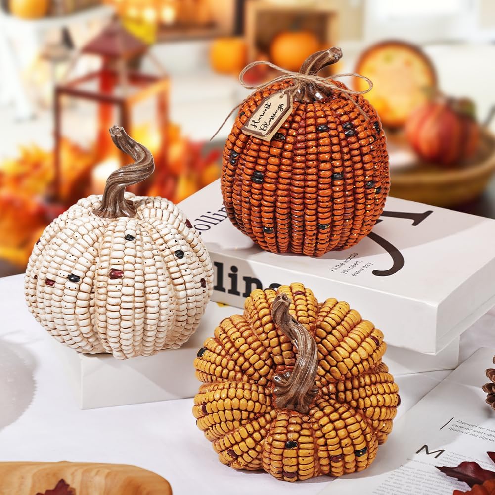 Briful 3PCS Fall Decorative Corn Pumpkin Set – Resin Harvest Pumpkins Fake Corn Pumpkins for Thanksgiving Table Centerpiece Autumn Tiered Tray Indoor Outdoor Fall Decoration