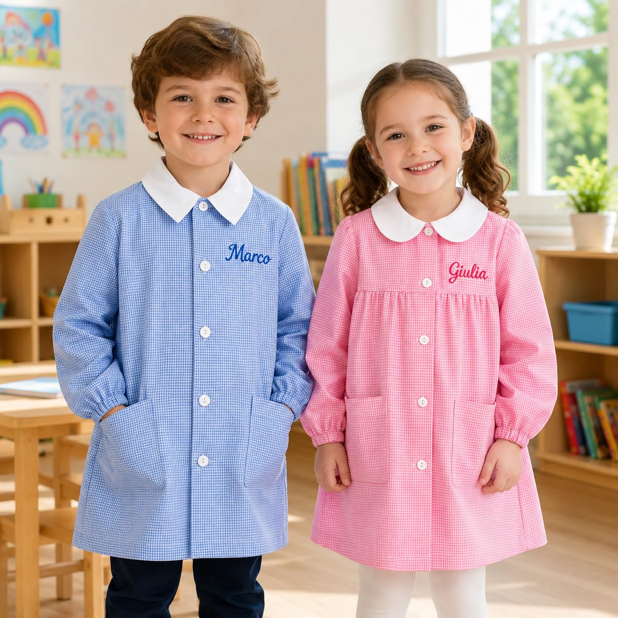 Grembiule Asilo Bambino e Bambina a Quadretti Made in Italy, Personalizzabile con Nome Ricamato, Grembiulino Scuola Materna/Elementari 2-6 Anni, con Bottoni e 2 Tasche