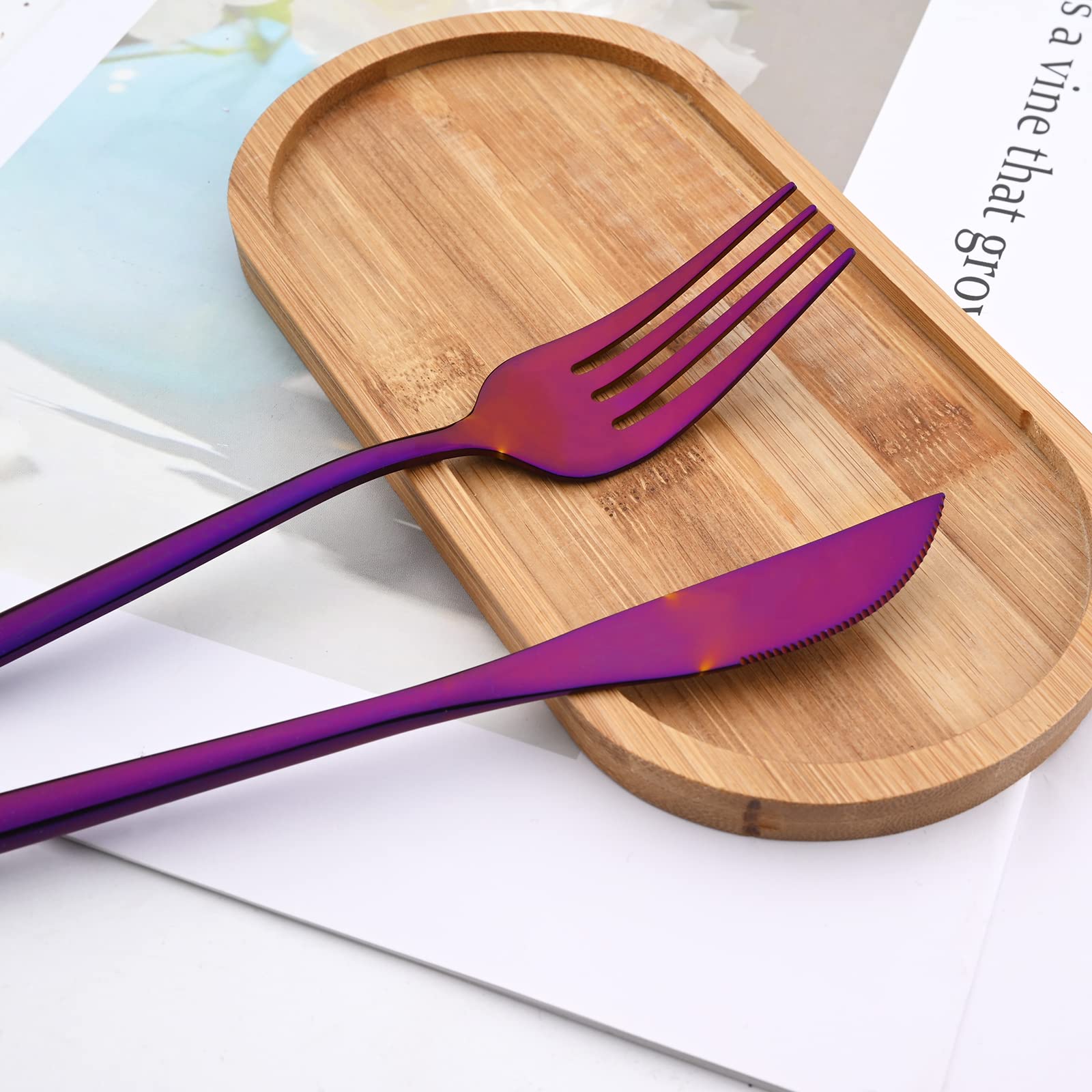 Juego de cubiertos de 36 piezas de color morado con espejo pulido, cubiertos de acero inoxidable 18/0 para cocina en casa, fiesta, hotel, restaurante, servicio de boda para 6