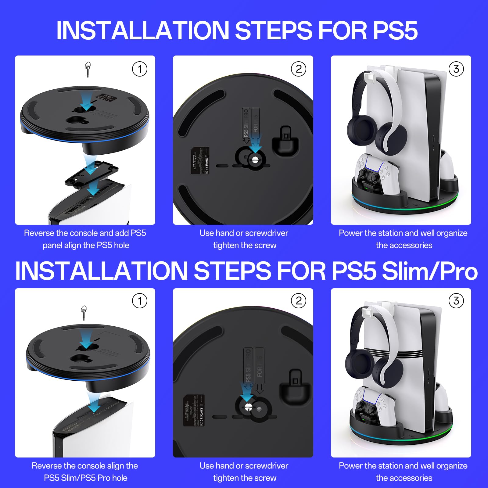 NEWDERY stojak do PS5/PS5 Slim /PS5 Pro, stacja ładująca z podwójnym kontrolerem ze światłem RGB, pionowy stojak do konsoli cyfrowej Playstation 5, czarny