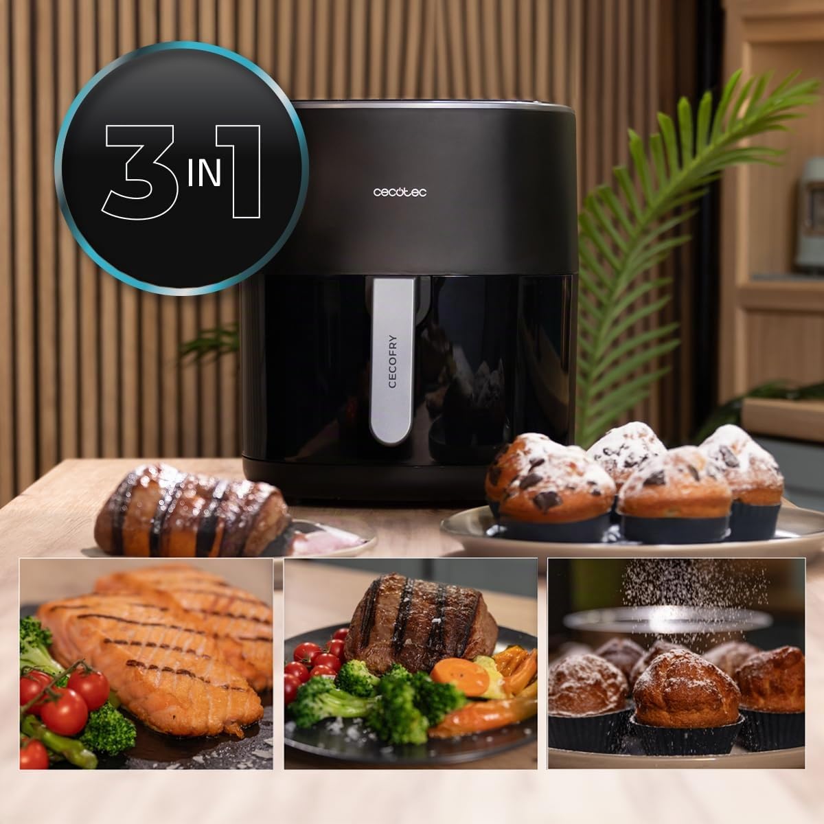 Cecotec Friggitrice ad Aria senza Olio 6,5L Cecofry&Grill Duoheat 6500. 3 in 1 Grill e Piastra per Pizza, Doppia Resistenza 2200W, Finestra di Visualizzazione, 12 Menu, Temp. 40-200°C, Cottura 3D