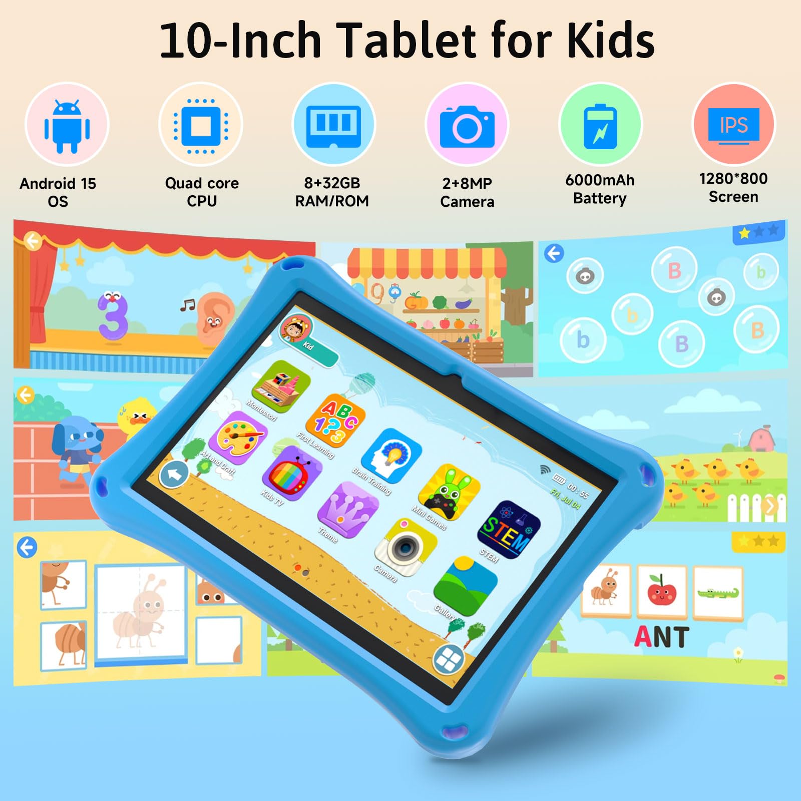 Tablet Android 15 per bambini con custodia, tablet da 10 pollici per bambini, 8 GB di RAM 32 GB ROM 1 TB espandibile, batteria lunga 6000 mAh, schermo HD IPS, doppia fotocamera, controllo genitori